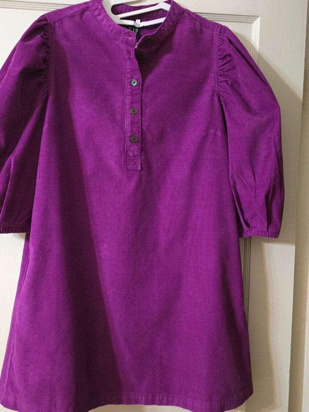S Gap Puff Sleeve Corduroy Mini Buttoned Dress in Purple w/2 Inner side-pockets